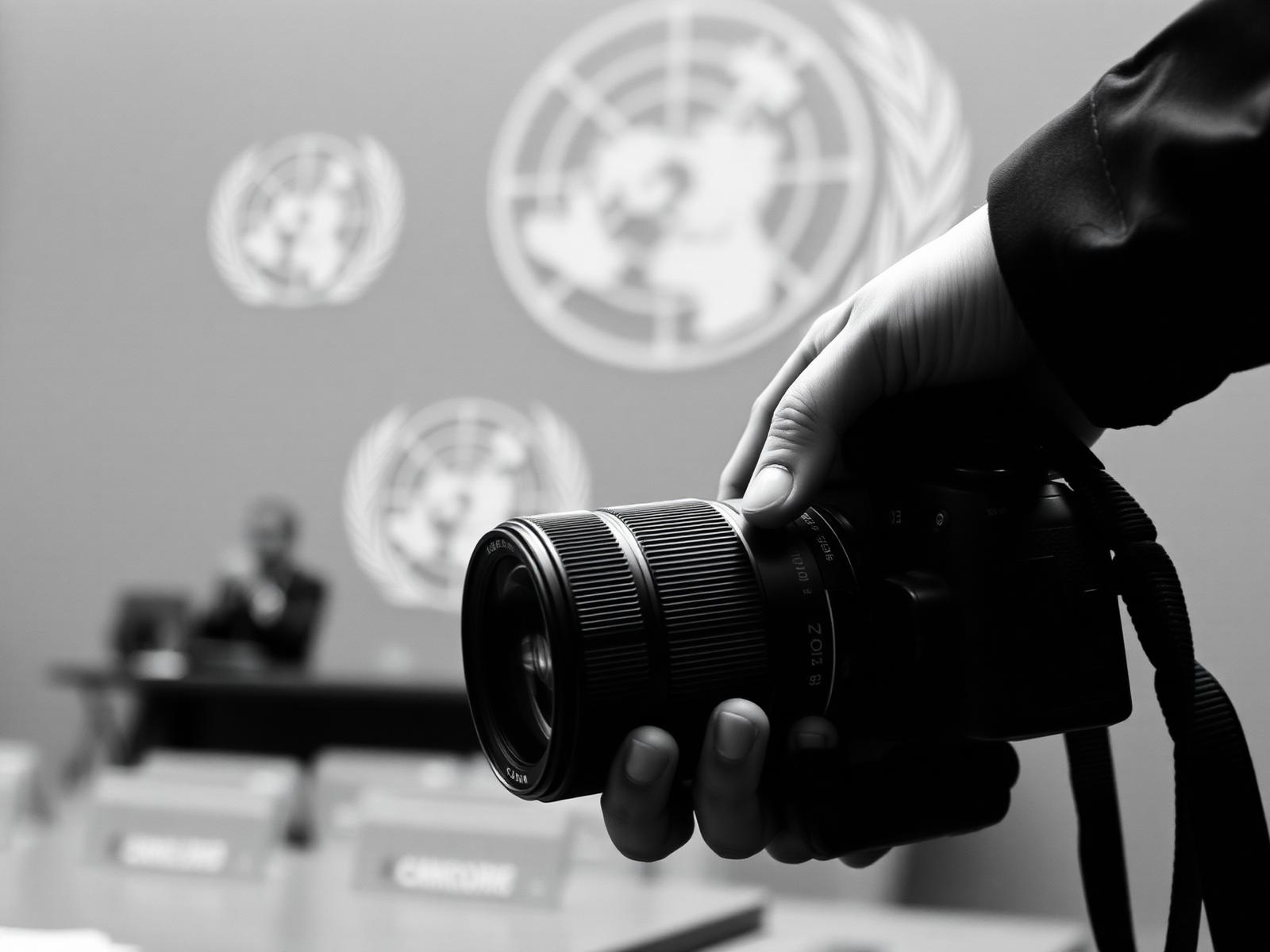 A press photographer's camera in the UN chamber