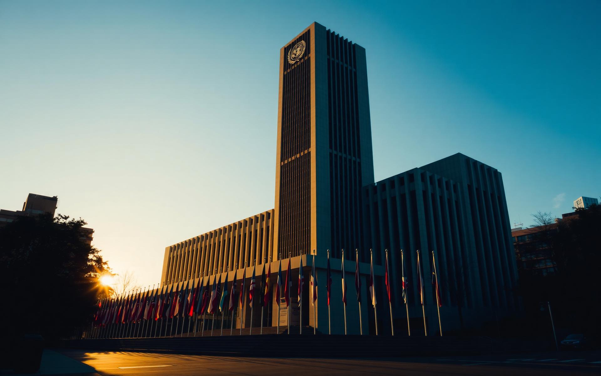 United Nations headquarters at golden hour with member state flags